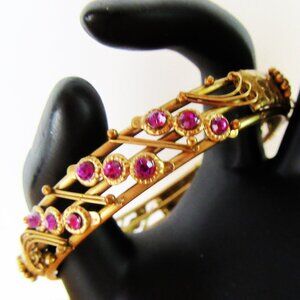 Vintage brass openwork bangle bracelet with amethyst purple rhinestones